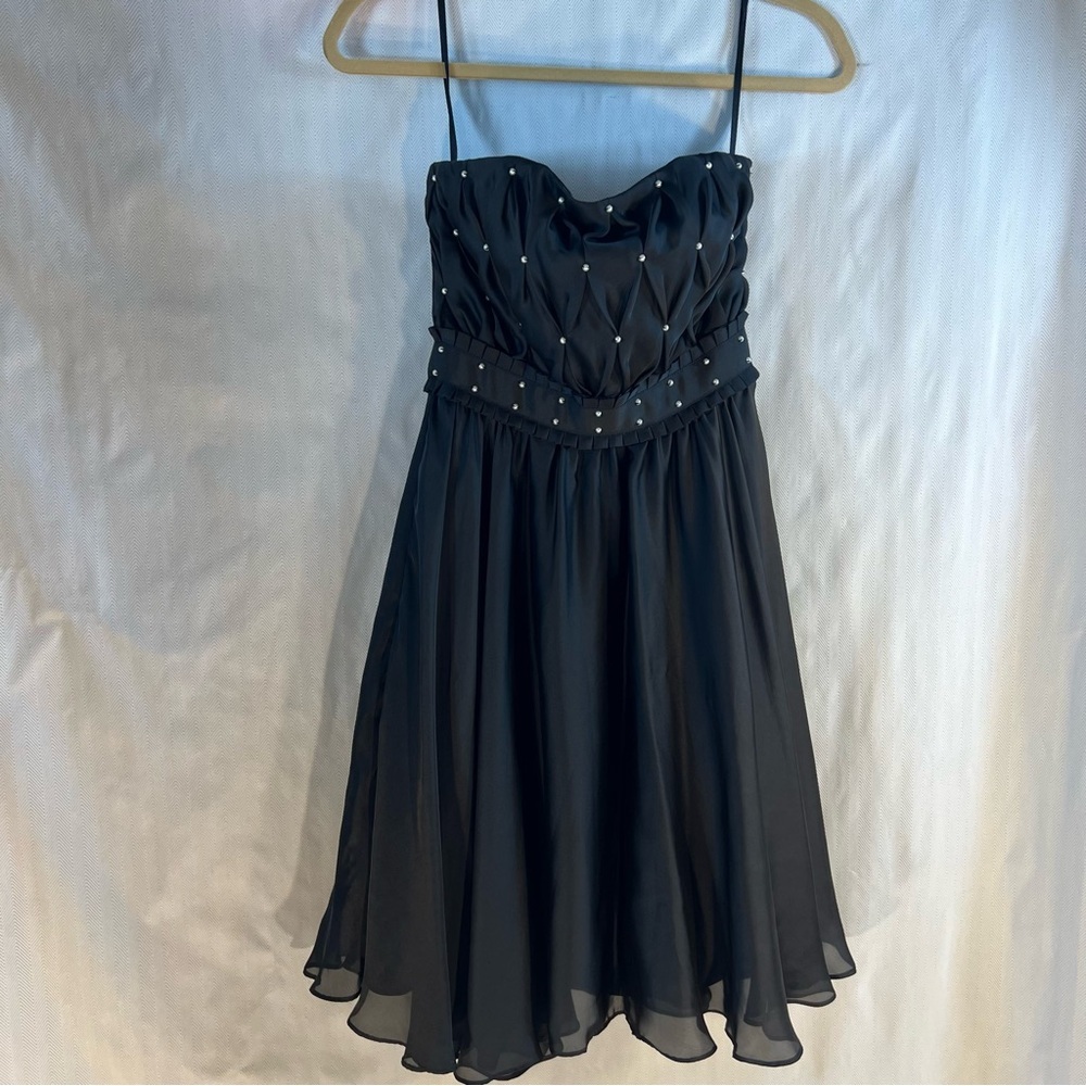 White House Black Market Black Satin Pin Tuck Chiffon Skirt Cocktail Dress 00 👍